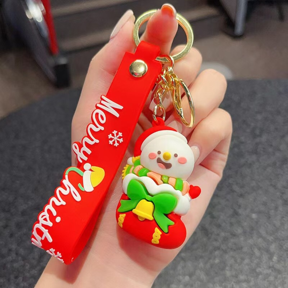 Cute Christmas Snowman Keychain with Red Strap
